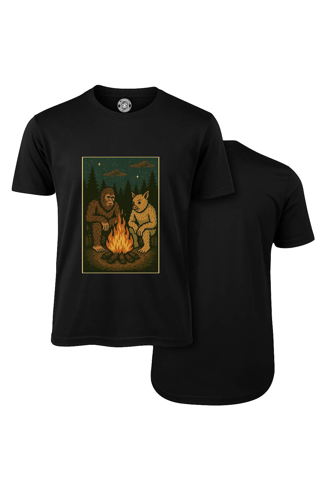 Bigfoot and the Vermont Pigman – Campfire Cryptid T-Shirt (Black)